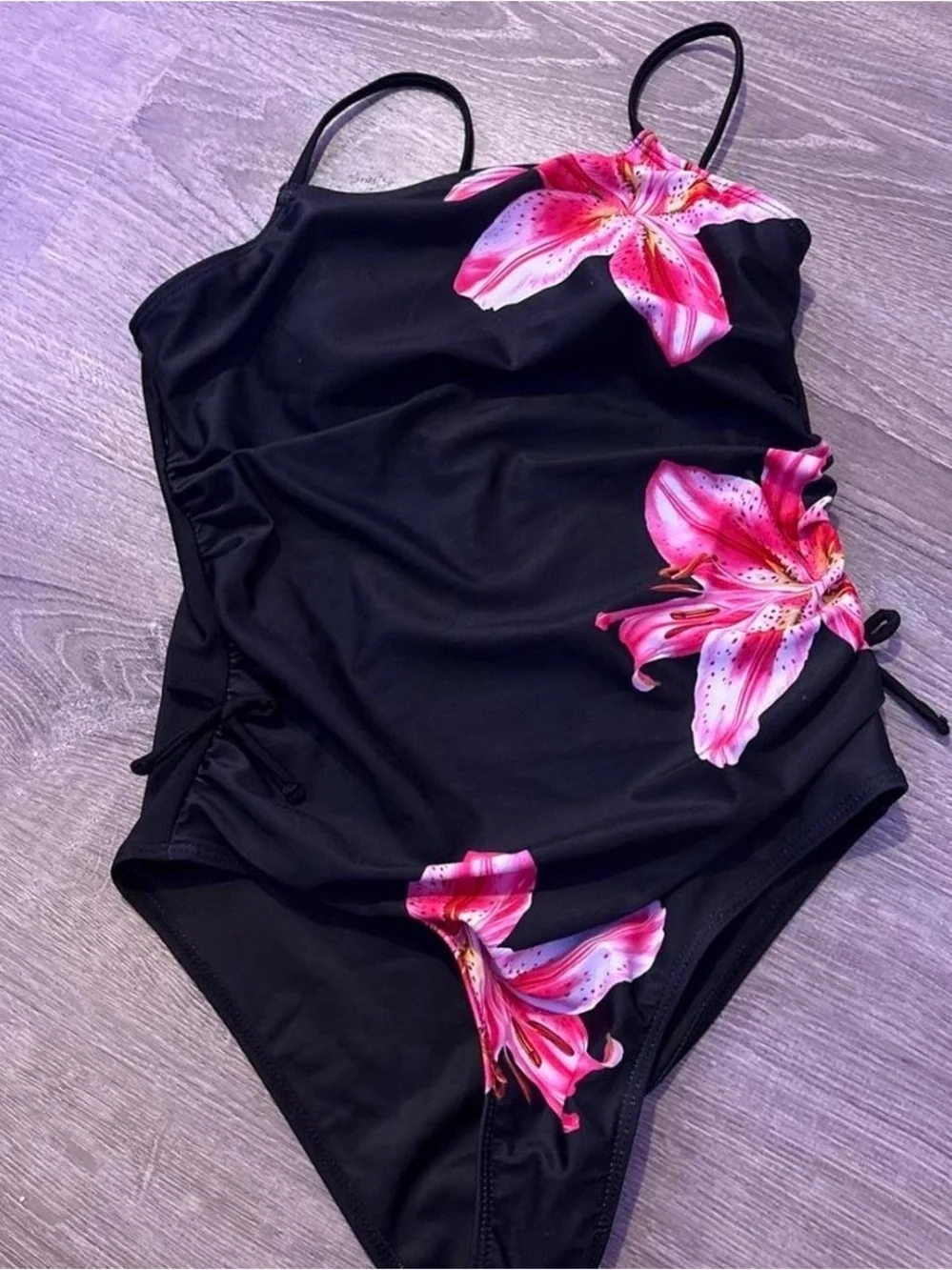 SHEIN Black One-Piece Swimsuit with Pink Floral Lilies
